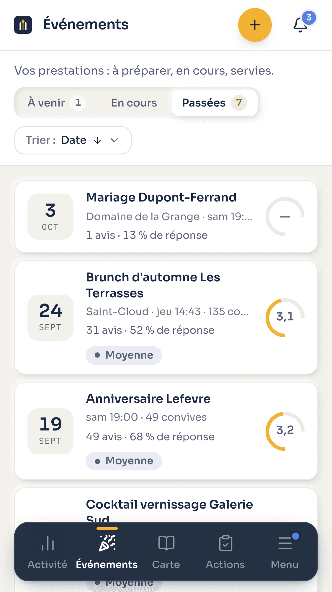 Les prestations passées sur téléphone, avec leur note.