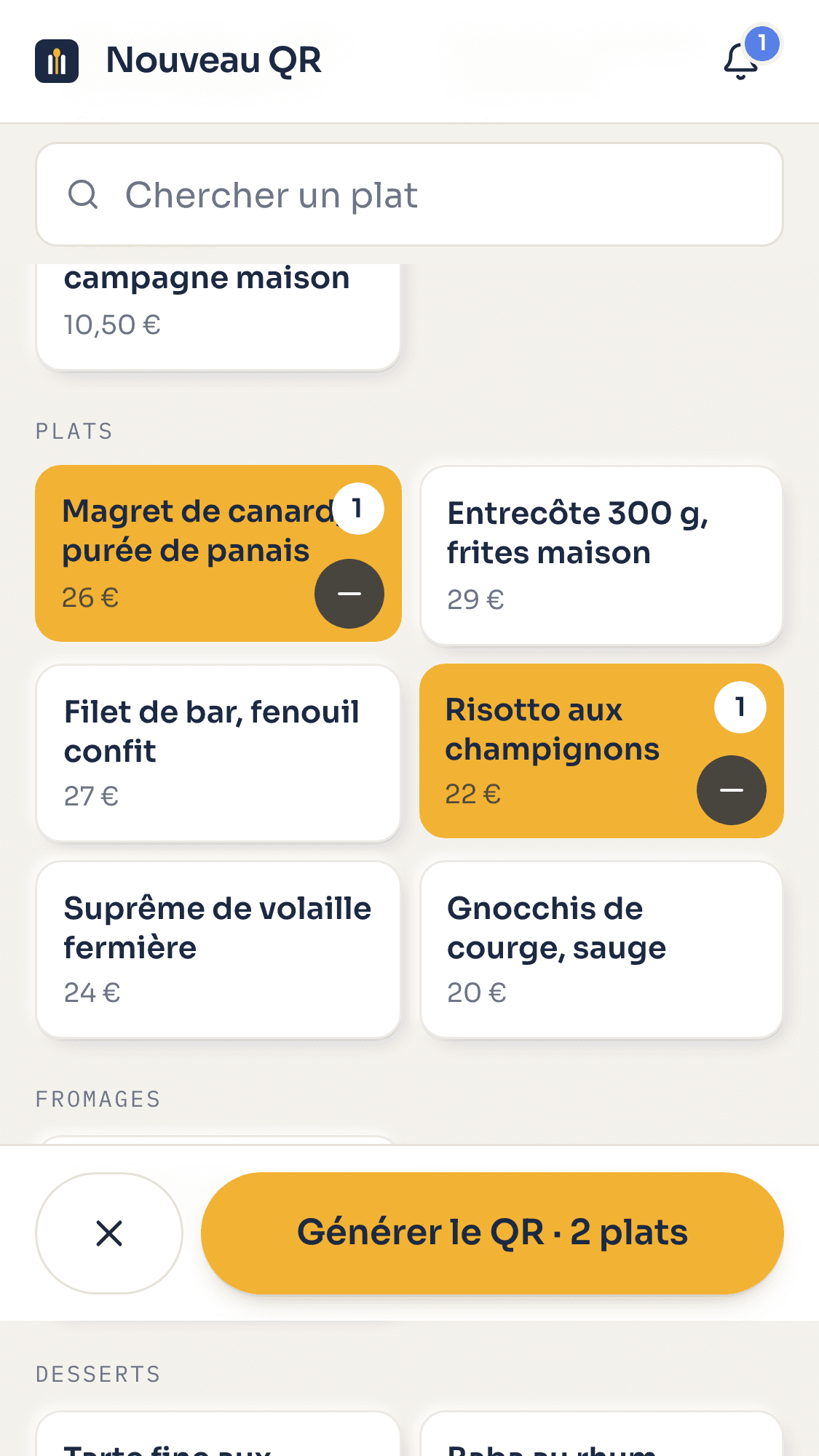 Écran « Nouveau QR » sur le téléphone du serveur : le magret et le risotto cochés.
