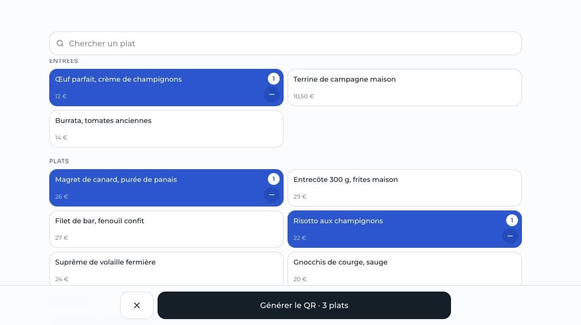 Écran de sélection des plats d'une table dans l'espace service Cookside
