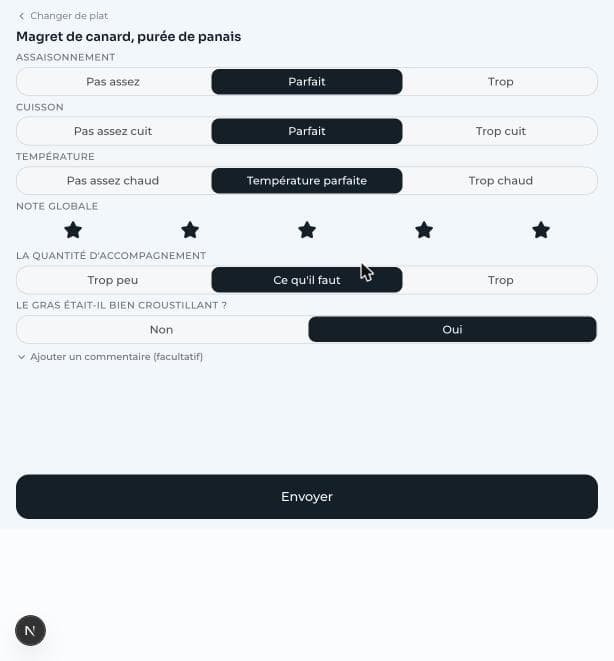 Questionnaire client Cookside notant l'assaisonnement, la cuisson et la température d'un plat